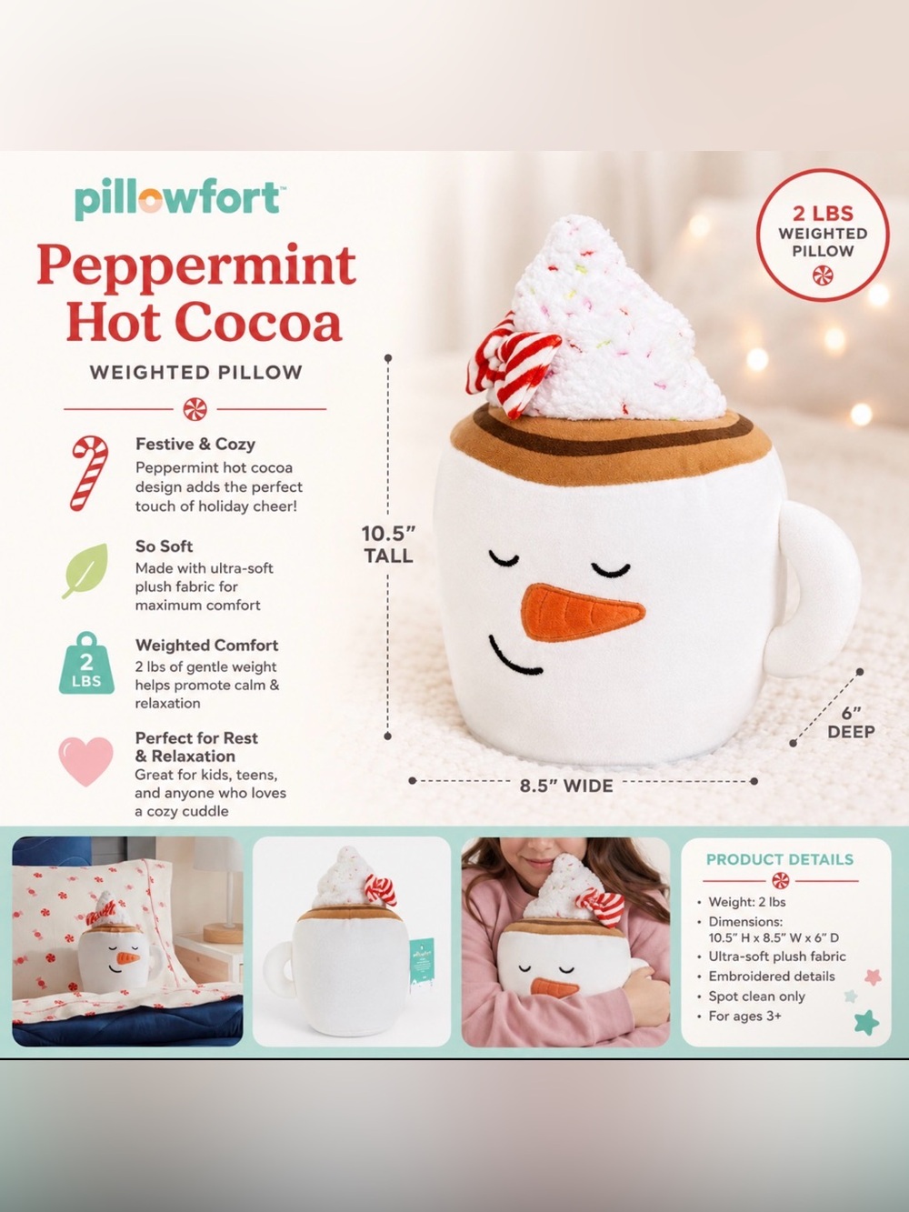 Pillowfort Peppermint Hot Cocoa Weighted Pillow – NWT